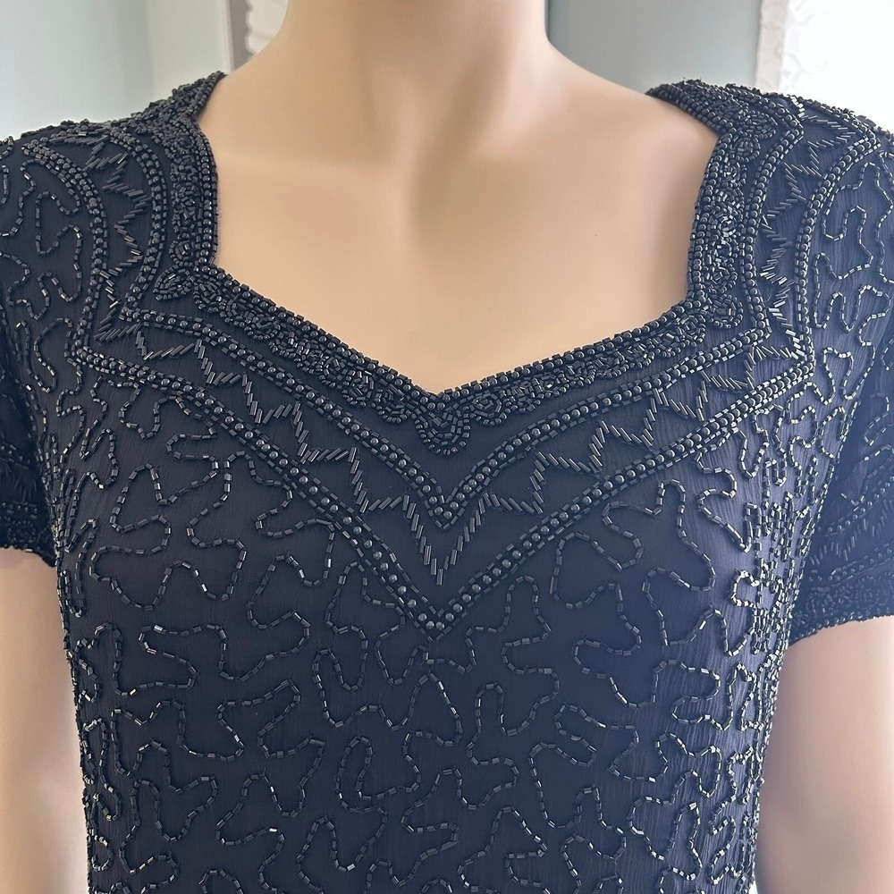 Vintage 80s Cote d'Azur Black Beaded Silk Evening Blouse Sweetheart Top L - Picture 2 of 10
